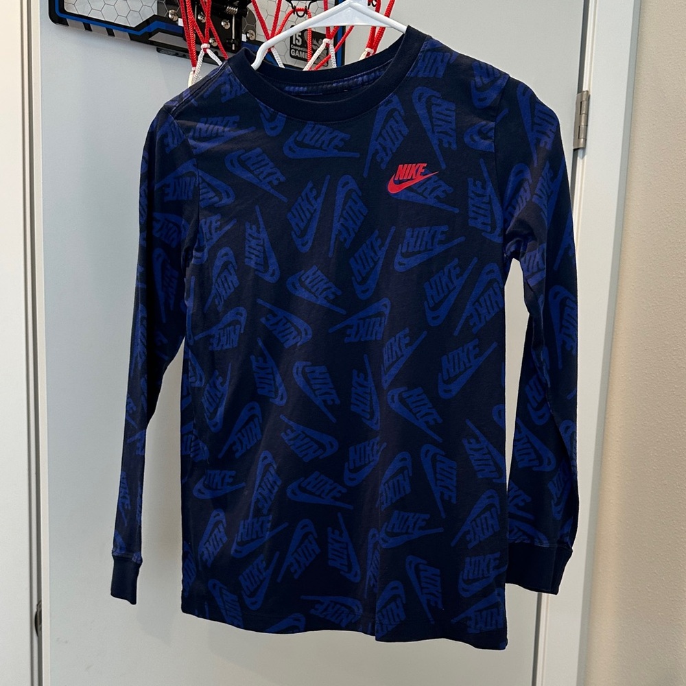 Nike Kids Long Sleeve Logo Tee in Navy and Royal Blue with Red Swoosh